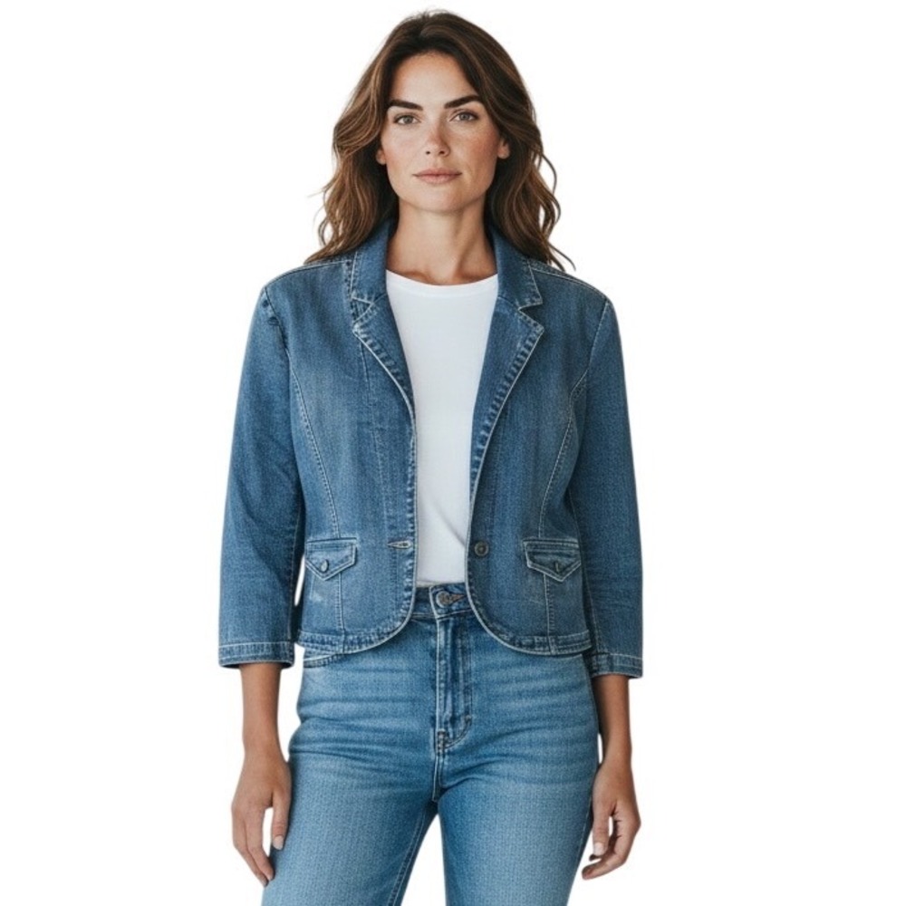 Calvin Klein Jeans Blue Denim Blazer Jacket Md Wash Puff Shoulder M VTG Moto Y2K